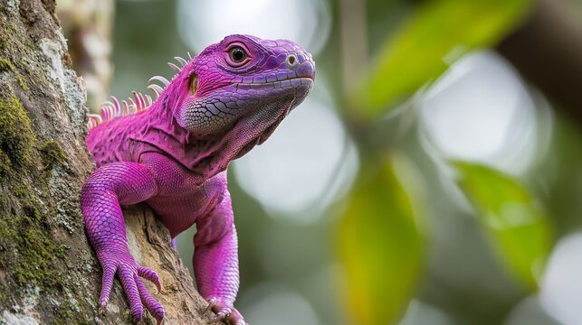 Purple iguana (Iguana iguana) on tree in tropical rainforest, Rio Tempisque Guanacaste, Costa Rica wildlife 