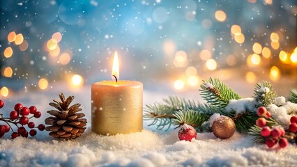 burning candle in snow with festive decoration