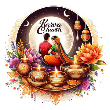 A poster with text karva chauth in a white background, Indian festival