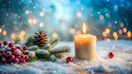 burning candle in snow with festive decoration