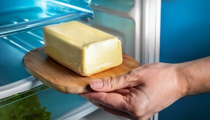 hand holding butter, a person's hand removes a cube of butter from the refrigerator to eat