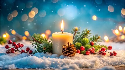 burning candle in snow with festive decoration