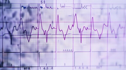 A close-up shot of a medical monitor displaying a heart rate reading. The lines are shown in purple and the background is slightly blurred.