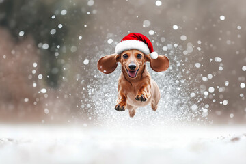 cute dachshund dog with a Santa's hat running, jumping in the snow, banner