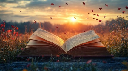 Open book in sunset field with floating petals