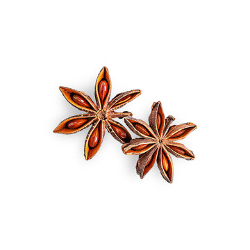 Top view of two dry aromatic scented brown star anise or badian isolated on white background used in culinary for cooking and baking also for traditional masala chai and christmas mulled wine