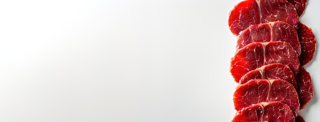 Row of red steaks on white with copy space