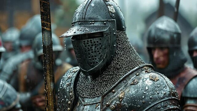 A knight in full armor stands in a line of soldiers, rain dripping from his helmet