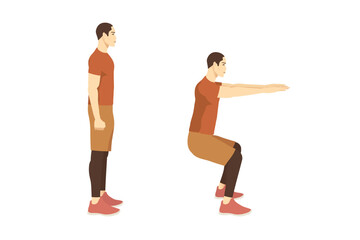 Exercise guide by Man doing air squat in 2 steps in side view. Illustration about workout position introduction.
