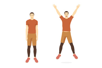 Sport man doing exercise with jumping jack pose for cardiovascular health and boosting your metabolism. Cartoon for Workout diagram about exercise posture to burn fat.
