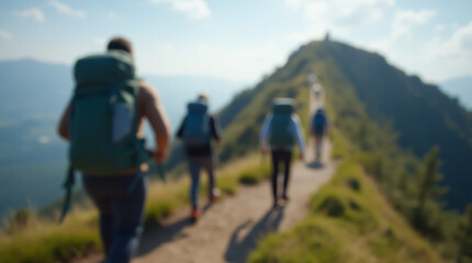 Obraz premium Blurred image of a group of people tourists on a mountain path. Conceptual image of team spirit and outdoor activities