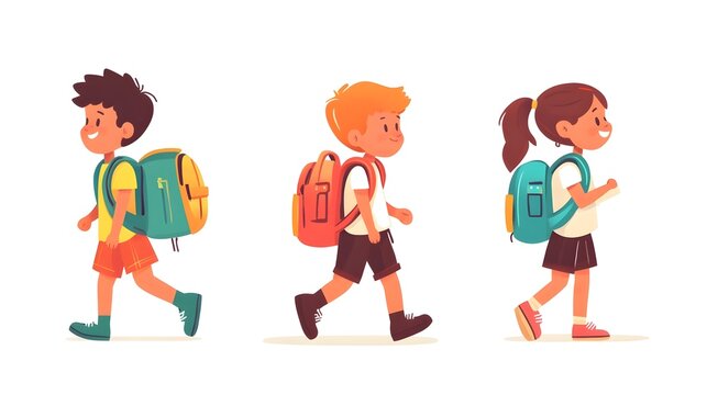 Back to School Festival with Cheerful Group of Children Carrying Colorful Backpacks in Flat Design Education Learning and Classroom Concept