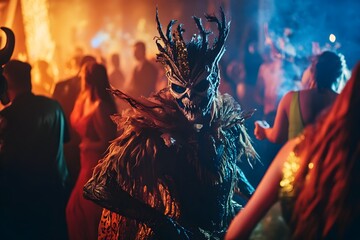 Captivating Costumed Revelers at Fantastical Halloween Soiree Showcasing Larger Than Life Superheroes Wicked Villains and Mythical Creatures in Dramatic Cinematic Photographic Style