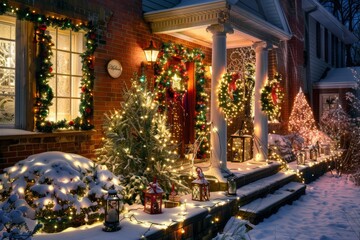 A house with a red door and a wreath on it. The house is decorated with Christmas lights and trees