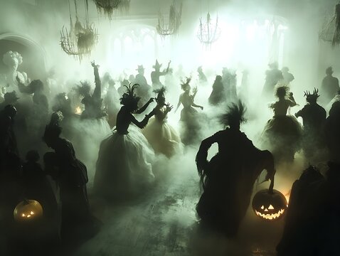 Captivating Halloween soire filled with revelers adorned in costumes of phantasmal beings mischievous imps and bewitching warlocks captured in a surreal and ethereal atmosphere of magic and mystery