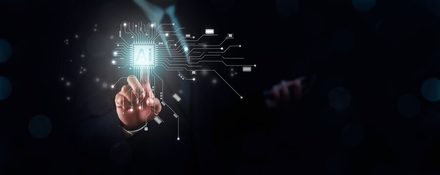 Businessman is using smartphone and pointing or touching ia technology against dark blue background.