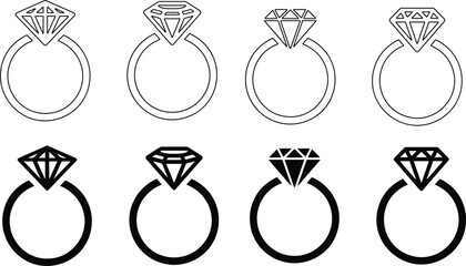 Diamond engagement and wedding ring set. ring collection vector icon. Ring with gemstone.