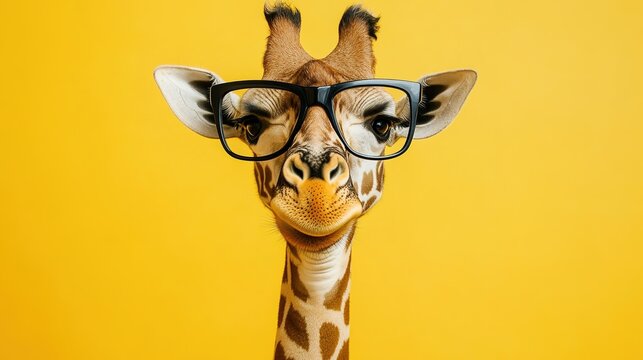 Humorous close-up portrait of a funny giraffe wearing glasses, creatively captured with contour cropping. The animal's playful expression and oversized eyewear create a comical, entertaining, 