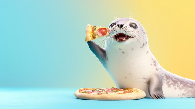 A playful seal balancing a pizza slice on its nose with a happy expression, on a gradient pastel blue and yellow background.