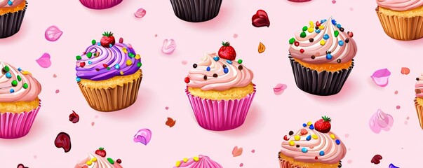 Abstract vector pattern featuring cupcakes with floral motifs, mixed with scattered petals on a soft pastel peach background.