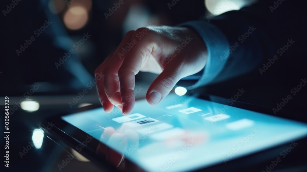 Poster a close-up of a hand interacting with a touchscreen tablet displaying various app icons.