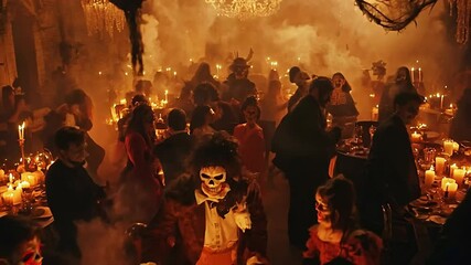 Halloween Party in Gothic Setting with Costumed Guests and Candlelights - Powered by Adobe