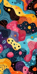 A colorful abstract painting with many different shapes and colors. The painting is full of dots and swirls, giving it a dynamic and energetic feel. The colors are bright and bold