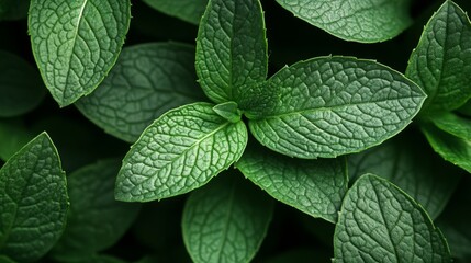 Lush green mint leaves are clustered together, displaying their intricate veins and refreshing appearance. The soft light enhances their natural beauty and freshness