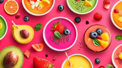 Event poster for a tropical health food expo, displaying vibrant smoothie bowls as a central theme.