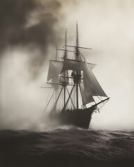 Fototapeta premium Ghostly galleon drifting through the mist unseen forces manipulating the fabric of reality Disembodied voices echoing across the open sea a sense of primordial dread enveloping the scene