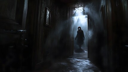 Haunted Halloween house with a creepy clown lurking in the shadows of a dark hallway in a gothic horror style with chiaroscuro lighting and a Victorian era macabre foggy night setting