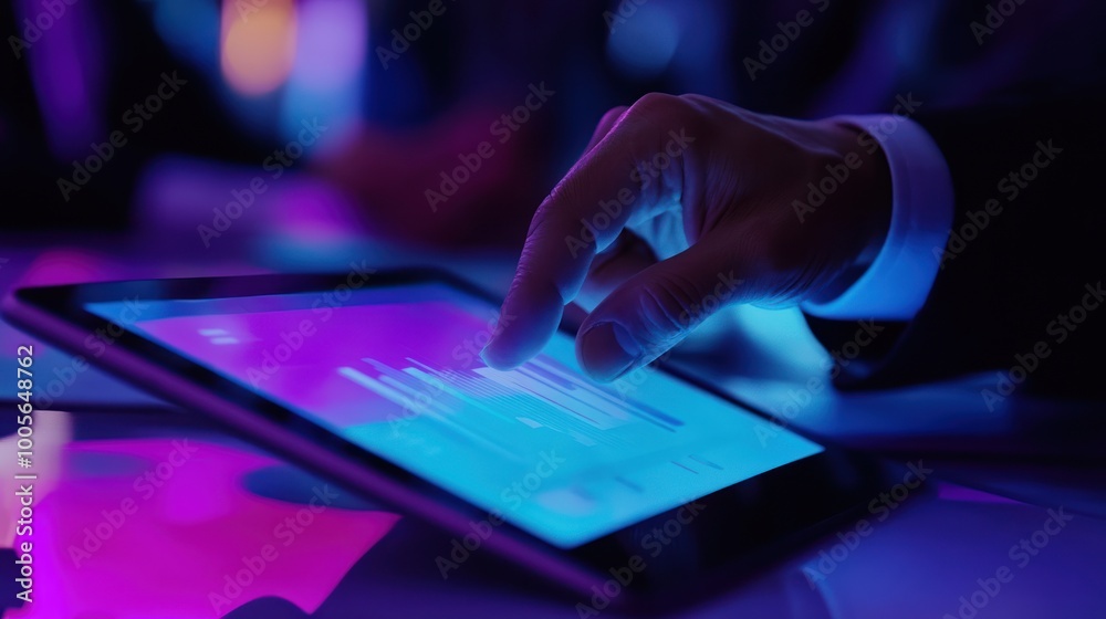 Poster a hand interacting with a tablet displaying data visualizations in vibrant colors.