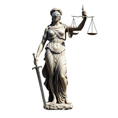 Stone statue of Themis, blindfolded, holding golden scales and silver sword isolated on PNG background. Generative AI.