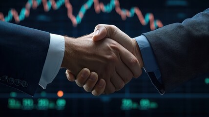 Corporate Merger Success - Handshake with Stock Market Charts and Data, Copy Space Available for Text Overlay.