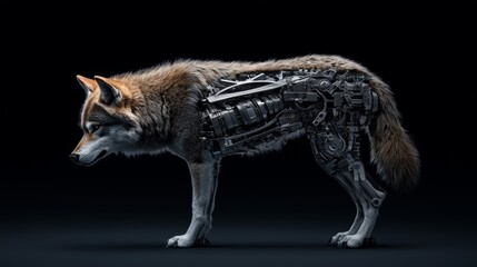 Hybrid animal research poster, showing the scientific development of a wolf fused with mechanical parts.