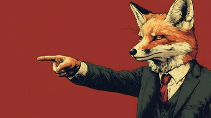 A fox s head on a human body in a sleek, sly pose with one hand pointing forward, on a maroon solid background