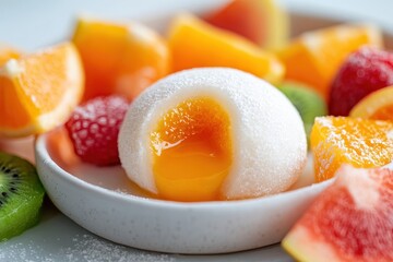 A vibrant plate features sweet, colorful fruits like oranges and strawberries alongside a creamy dessert with a molten center.