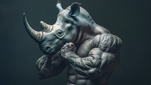 A unique figure combining human strength with rhinoceros features, showcasing an impressive muscular physique and animalistic traits.