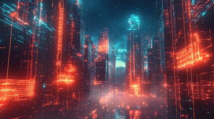 Naklejka premium Futuristic Cityscape with Red and Blue Neon Lights