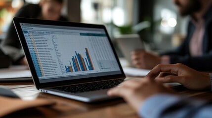 A person analyzing data on a laptop in a modern office setting.