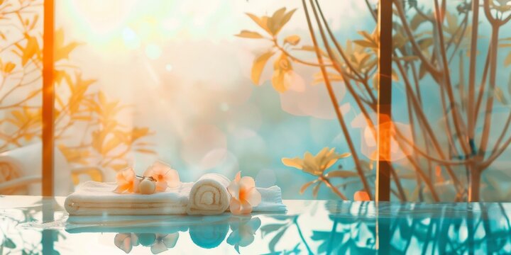Relaxing spa scene featuring calming outdoor imagery in double exposure.