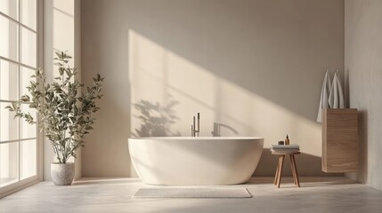 A modern bathroom with a white bathtub, a plant, wooden cabinet, and a rug.