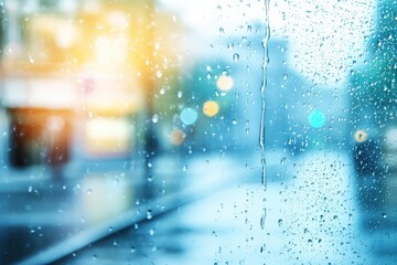 Obraz premium Blurry view through a rain-soaked window, urban scene with colorful lights.