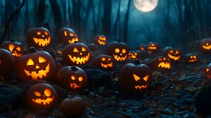 Naklejka premium Spooky display of carved jack o lanterns with eerie glowing faces arranged in a dark forest clearing and backlit by a full moon casting long shadows creating an unsettling Halloween scene