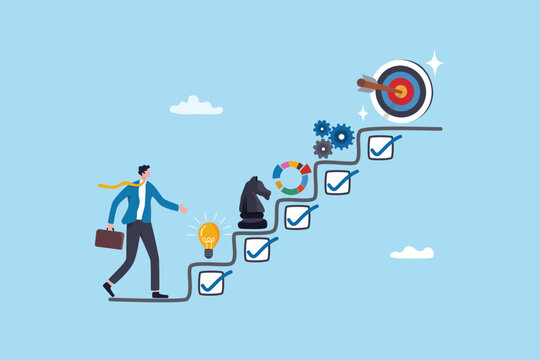 Strategy development, business improvement planning, success checklist or aspiration to growing business, career growth, checklist to success management concept, businessman walk up strategy stair.