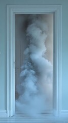 A swirling plume of smoke fills the doorway, casting a ghostly presence in the otherwise quiet room. The dim light enhances the mysterious ambiance evoked by the mist