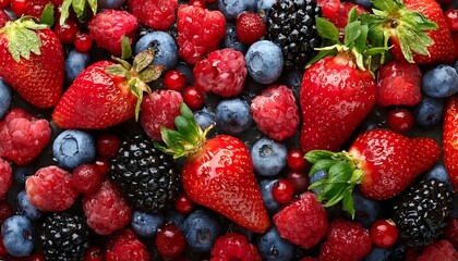 Fototapeta premium Surface with a mixture of wild strawberries, raspberries, and black berries, Super Foods texture