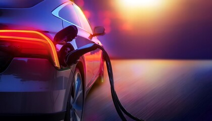 Modern electric car at charging station, colorful lighting