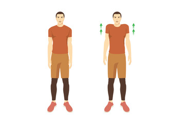 Exercise guide by Man doing shoulders shrugs in 2 steps in side view . Illustration about workout for reduce office syndrome.