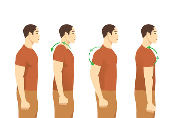 Man doing rotation shoulder exercise backward in 4 steps. Illustration about exercise for reduce and prevent office syndrome and neck pain.
